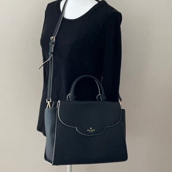 KATE SPADE NWT LEEWOOD PLACE MAKAYLA SCALLOP FULL SIZE BLACK SATCHEL BAG CROSS - Picture 10 of 15